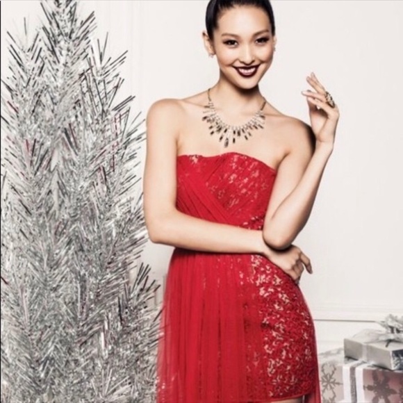 BCBG Vienna Red Sequins and Lace dress with Tulle overlay size 0 - Picture 1 of 7